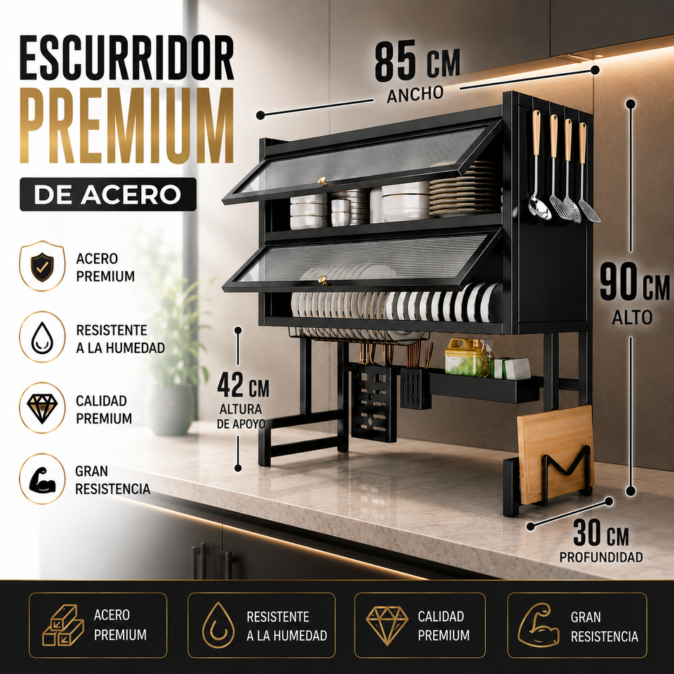 ORGANIZADOR Y ESCURRIDOR DE PLATOS DE 3 NIVELES CON DOBLE TAPA DE 85 CM