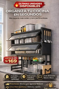 ORGANIZADOR Y ESCURRIDOR DE PLATOS DE 3 NIVELES CON DOBLE TAPA DE 85 CM