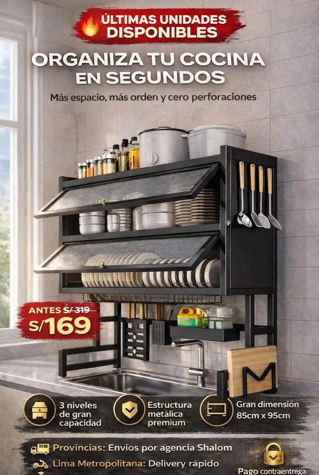 ORGANIZADOR Y ESCURRIDOR DE PLATOS DE 3 NIVELES CON DOBLE TAPA DE 85 CM